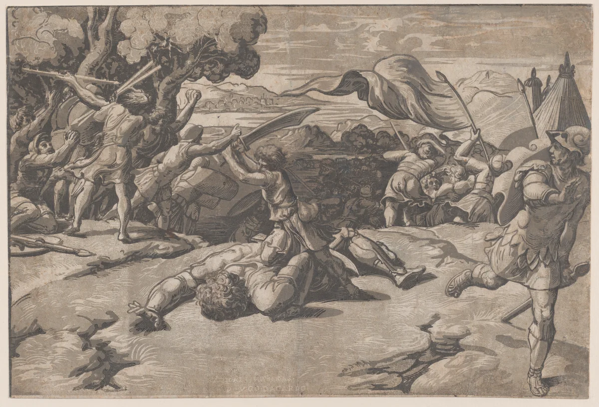 David and Goliath by Ugo da Carpi, print, 1515-1525