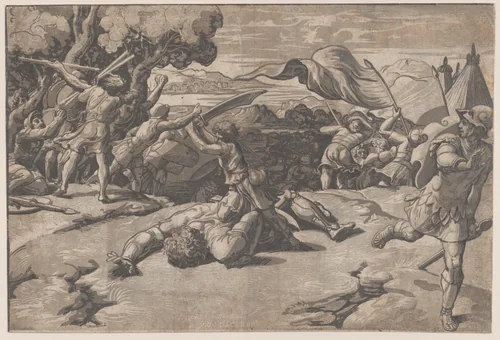 David and Goliath by Ugo da Carpi, print, 1515-1525
