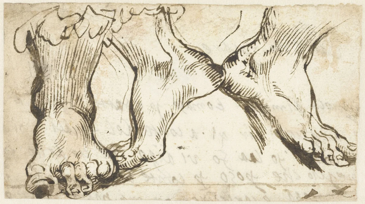 Drie studies van een voet by Unknown, drawing, 1567-1602