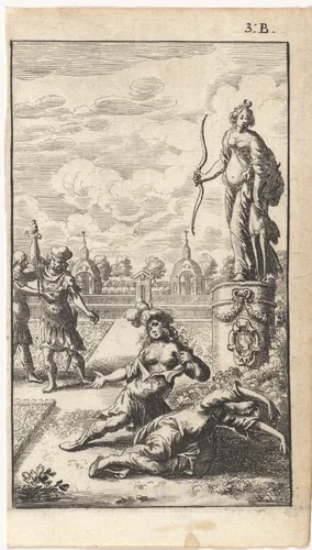 Twee vrouwen en mannen in een paleistuin by Abraham Dircksz. Santvoort, print, 1666