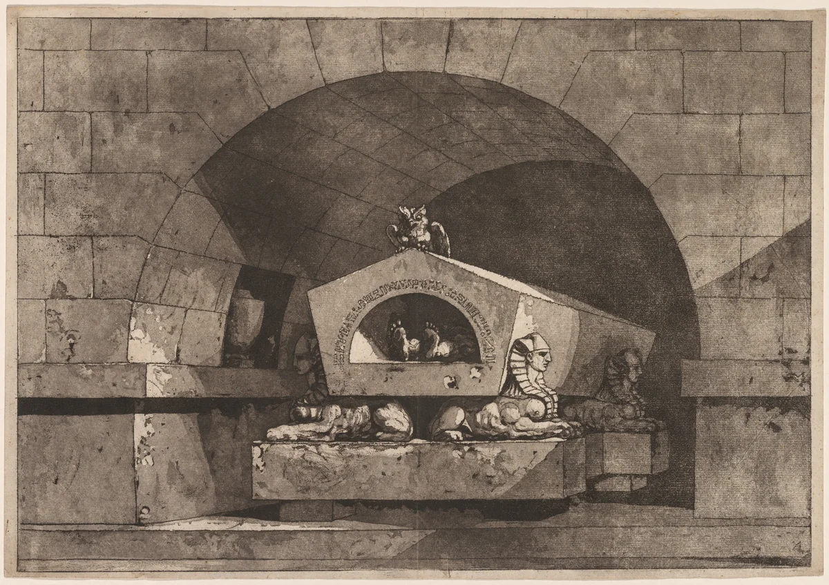 Tomb with Sphinxes and an Owl by Louis Jean Desprez, print, 1774-1789