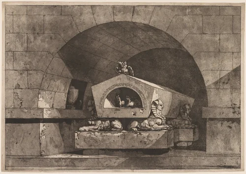 Tomb with Sphinxes and an Owl by Louis Jean Desprez, print, 1774-1789