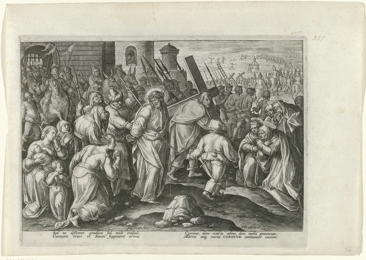 Simon van Cyrene helpt Christus met het kruis by Unknown, print, 1585-1586