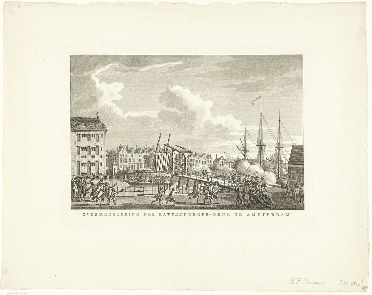 Verovering van de Kattenburgerbrug, 1787 by Carel Frederik Bendorp, print, 1787