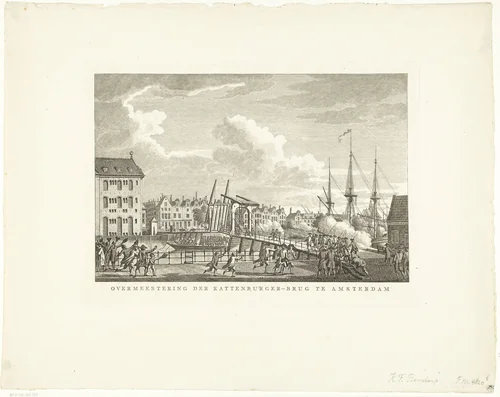 Verovering van de Kattenburgerbrug, 1787 by Carel Frederik Bendorp, print, 1787