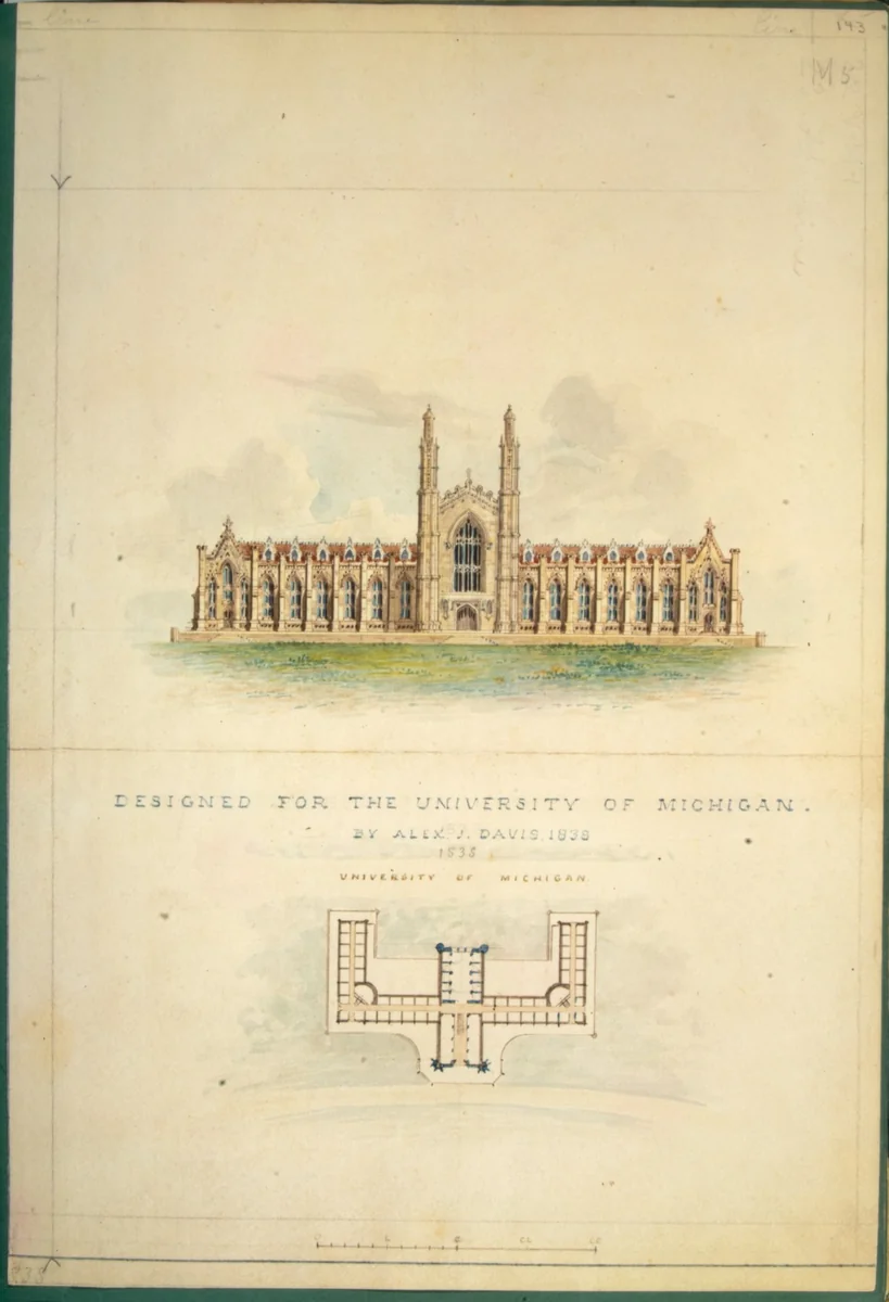 University of Michigan (elevation and plan) by Alexander Jackson Davis, drawing, 1838
