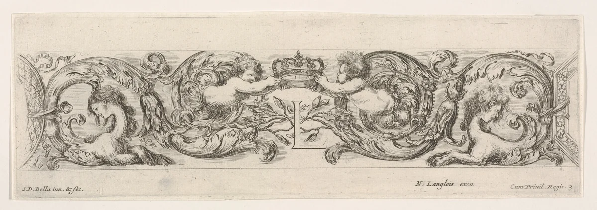 Design for a Frieze with Two Putti holding a crown over the letter 'L' (for Louis XIV?), plate 3 from "Decorative friezes and foliage" (Ornamenti di fregi e fogliami) by Stefano della Bella, print, 1645-1650