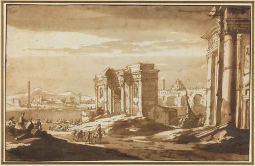 A Capriccio View of Roman Ruins along the Tiber by Jacob van der Ulft, drawing, 1621-1689