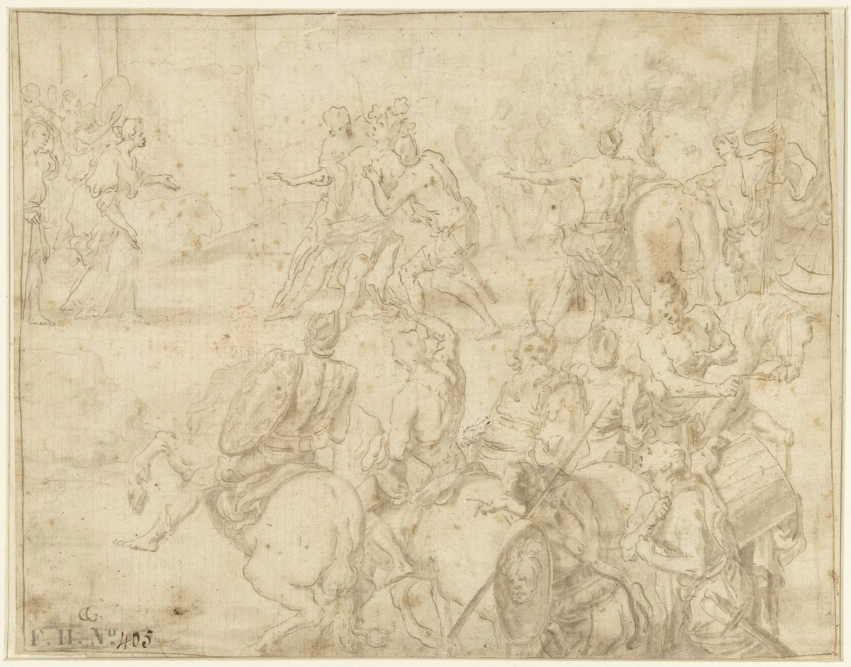 De ontmoeting van Jefta en zijn dochter by anonymous, drawing, 1700-1800