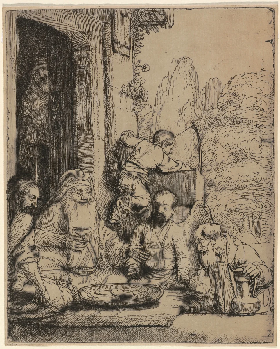 Abraham Entertaining the Angels by Rembrandt van Rijn, print, 1656