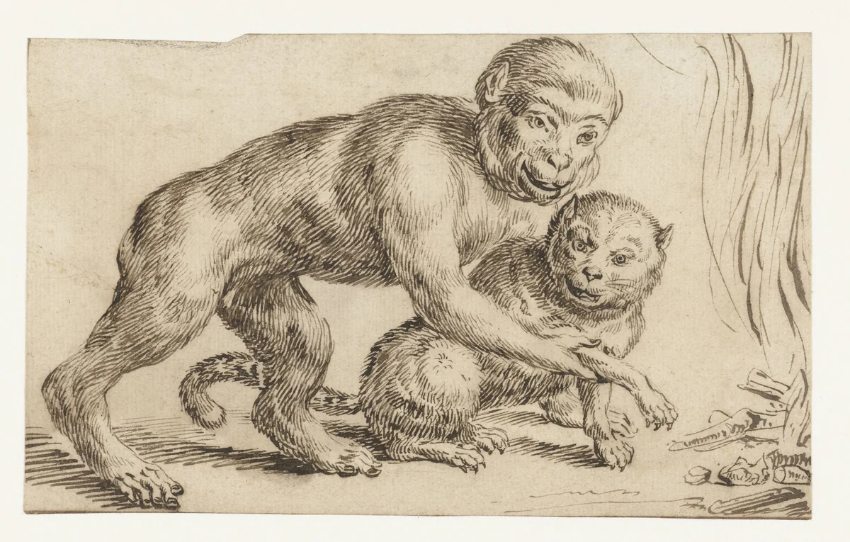 Aap houdt het pootje van een kat bij het vuur by anonymous, drawing, 1567-1617