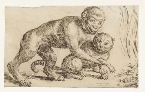 Aap houdt het pootje van een kat bij het vuur by anonymous, drawing, 1567-1617