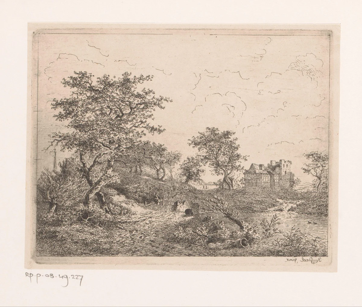 Landschap met lage brug over een stroom en een vervallen landhuis op de achtergrond by Jean Théodore Joseph Linnig, print, 1825-1891