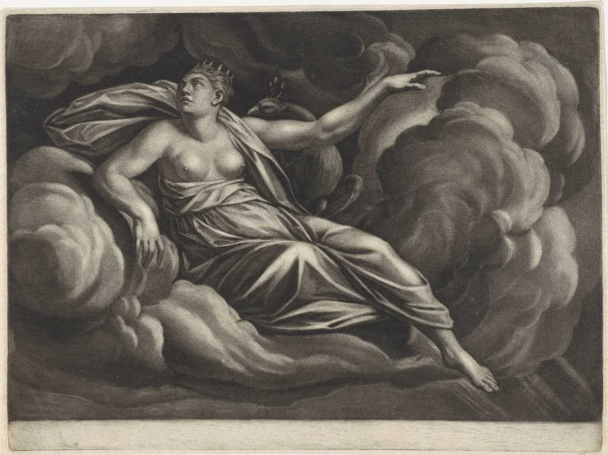 Lucht gepersonifieerd door de godin Juno by anonymous, print, 1650-1800