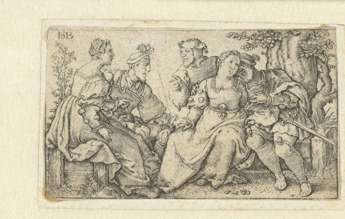 Twee liefdesparen en een nar by anonymous, print, 1535-1599