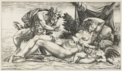 Jupiter and Antiope by René Boyvin Luca Penni, print, 1550-1559