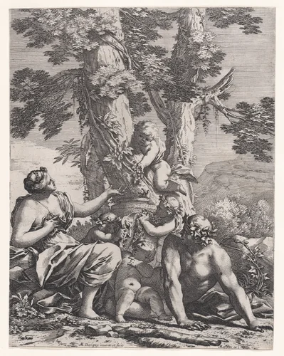 Putti and bacchantes at the bottom of a tree by Michel Dorigny, print, 1636-1665