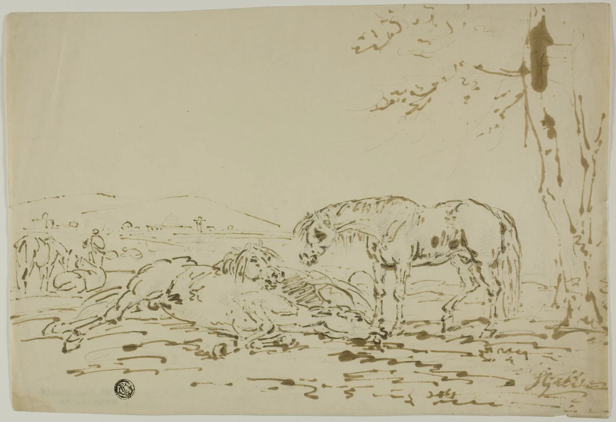 Landscape with Horses in Foreground by Sawrey Gilpin, drawing, 1753-1807