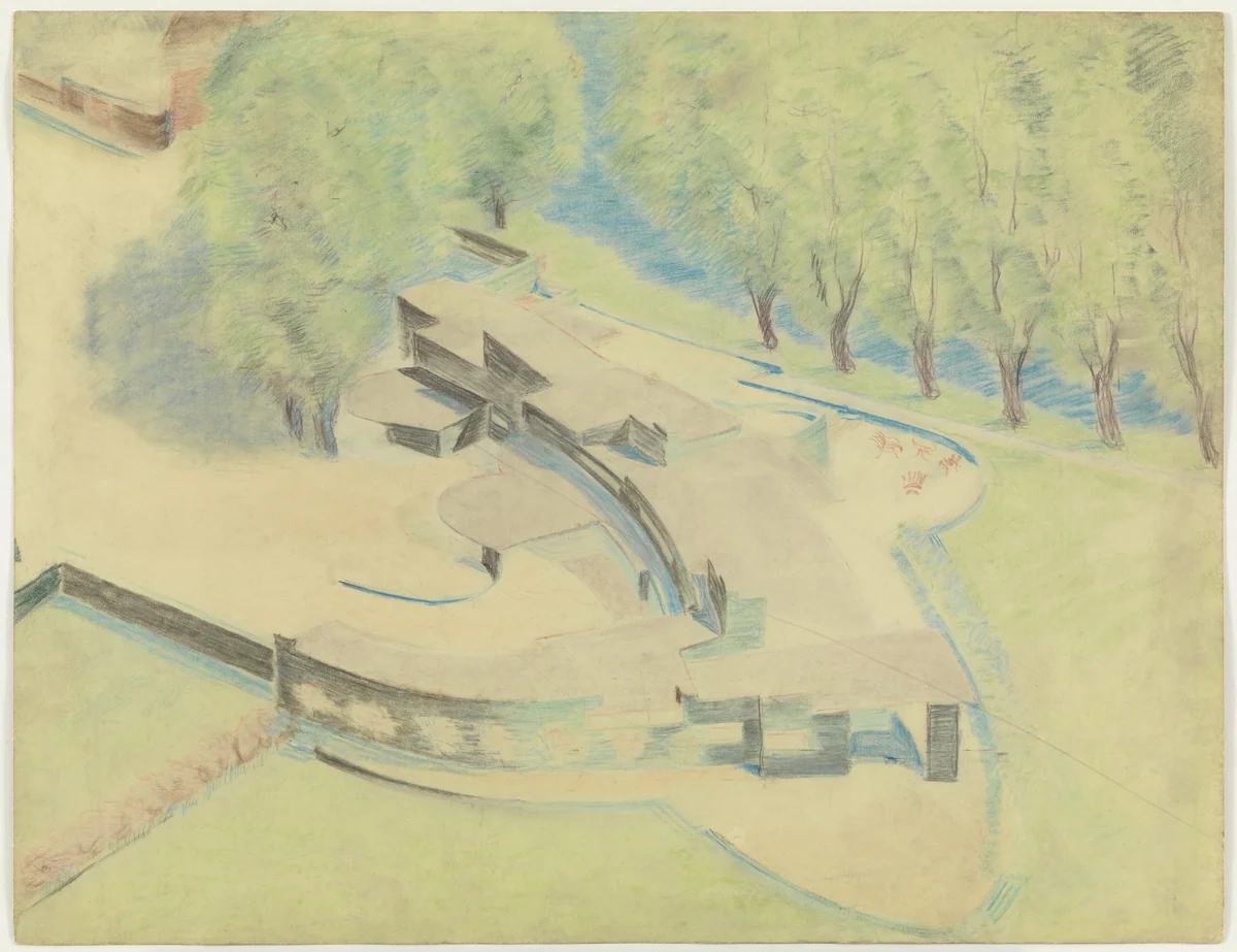 Farmhouse at Gut Garkau, near Lübeck, Germany Project (Aerial perspective) by Hugo Häring, architecture, 1922