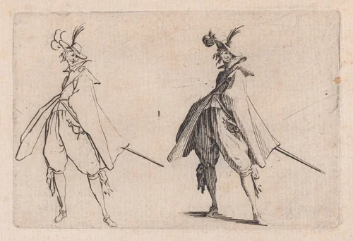 Le Gentilhomme au Grand Manteau, Vu de Face (The Gentleman with the Large Mantle, Viewed from the Front), from "Les Caprices" Series B, The Nancy Set by Jacques Callot, print, 1617-1620