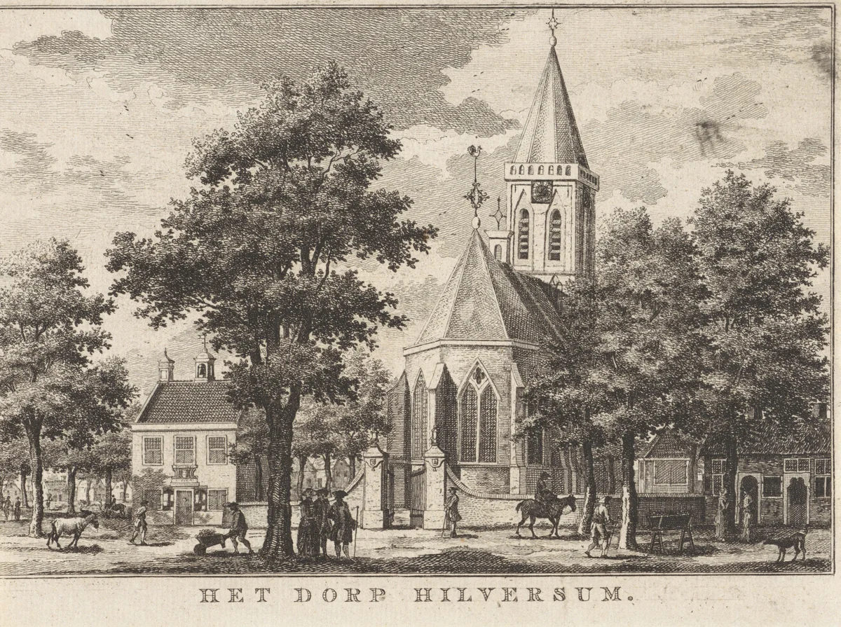 Kerk en Rechthuis te Hilversum in 1762 (vóór de brand van 1766) by Willem Writs, print, 1763