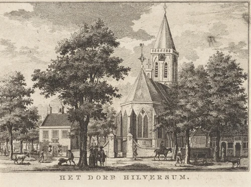 Kerk en Rechthuis te Hilversum in 1762 (vóór de brand van 1766) by Willem Writs, print, 1763