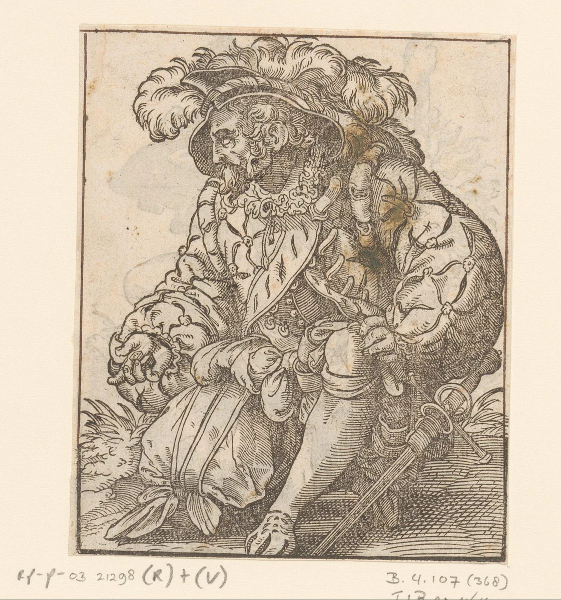 Knielende dobbelende landsknecht by anonymous, print, 1580