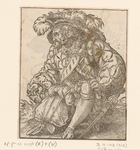 Knielende dobbelende landsknecht by anonymous, print, 1580