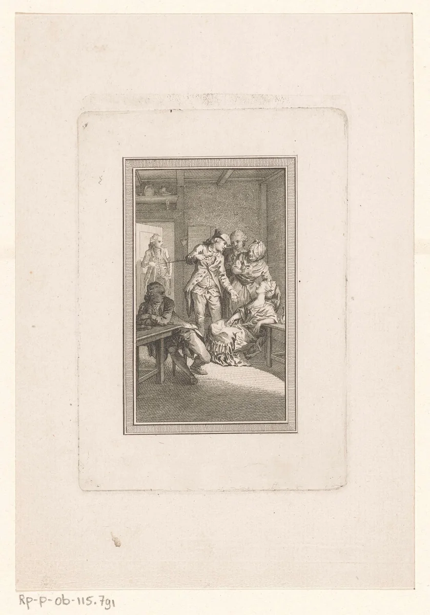 Groep mensen in een vertrek, waarvan drie zich buigen over een liggende vrouw by Carl Leberecht Crusius, print, 1750-1779