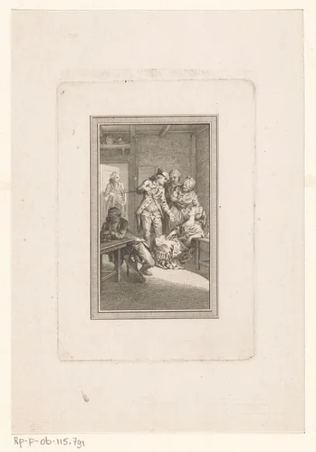 Groep mensen in een vertrek, waarvan drie zich buigen over een liggende vrouw by Carl Leberecht Crusius, print, 1750-1779