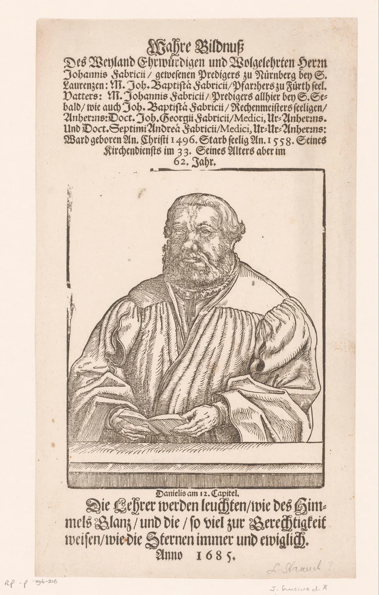 Portret van Johann Fabricius by Jakob Lucius, print, 1555