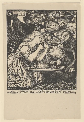 Buy from Us with a Golden Curl (frontispiece to "Goblin Market and other Poems" by Christina Rossetti) by Dante Gabriel Rossetti, print, 1862