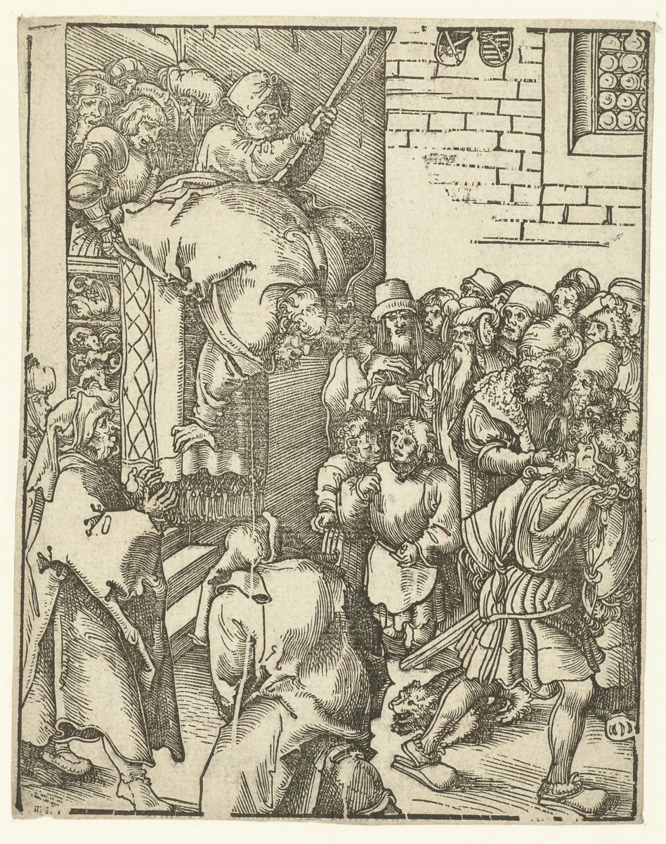 Jakobus de Mindere van balkon gegooid by Lucas Cranach, print, 1510-1514
