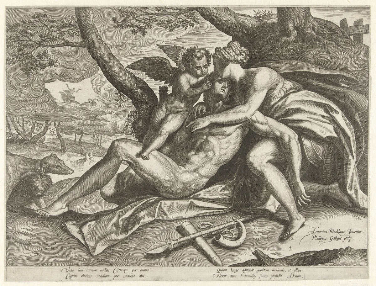 Venus treurt over de dood van Adonis by Unknown, print, 1577-1581