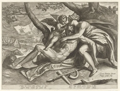 Venus treurt over de dood van Adonis by Unknown, print, 1577-1581