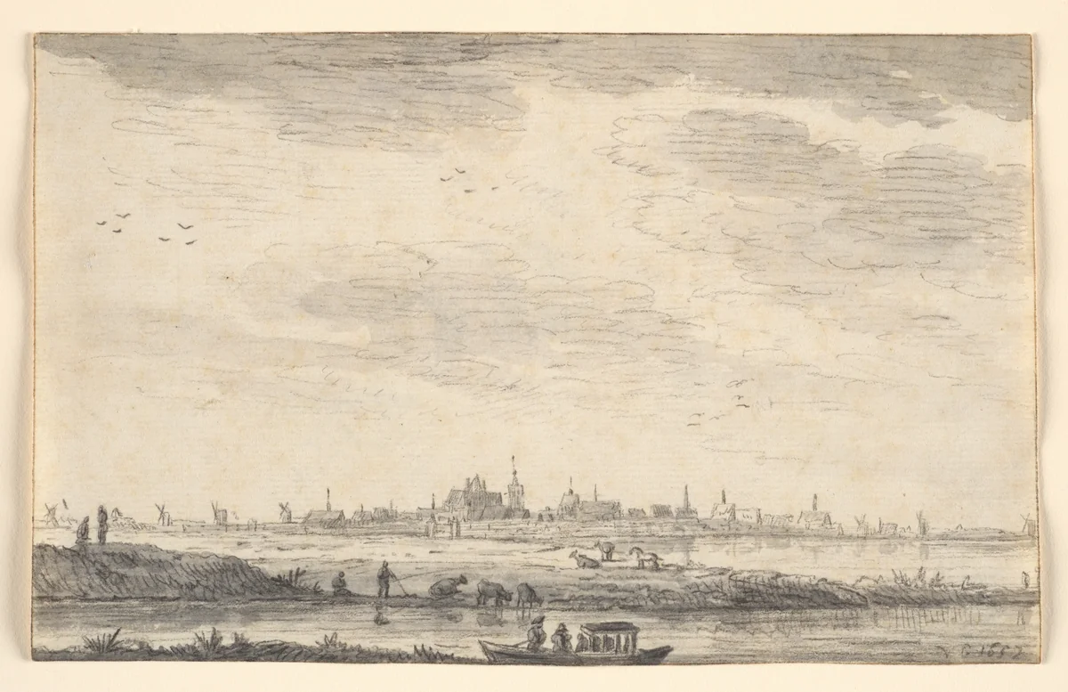 Distant Town Seen across Water and Fields by Jan van Goyen, drawing, 1652