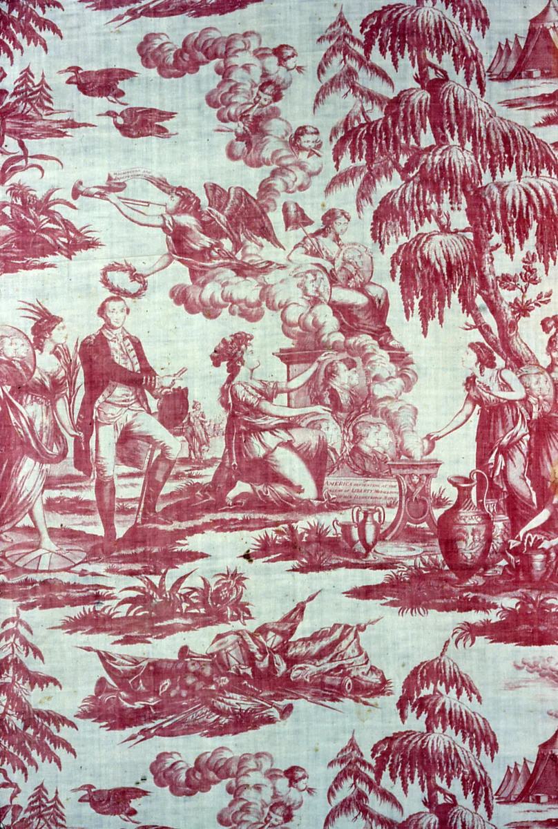 America Presenting at the Altar of Liberty Medallions of Her Illustrious Sons (Furnishing Fabric) by Pierre Eugène du Simitière, textile, 1775-1795