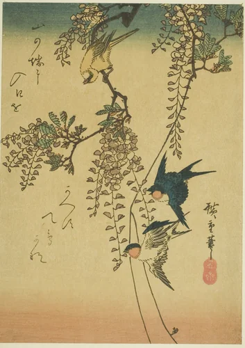 Swallow, yellow bird, and wisteria by Utagawa Hiroshige (歌川広重), print, 1830-1849