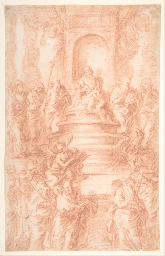 The Holy Kinship (Madonna and Child and St. John) with Prophets and Symbols of the Four Evangelists by Joachim von Sandrart, drawing, 1606-1688