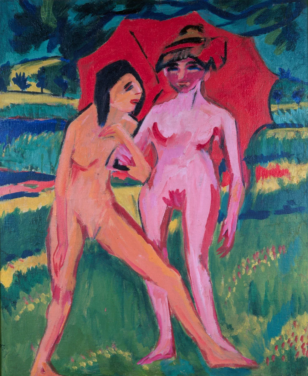 Two Girls under an Umbrella by Ernst Ludwig Kirchner, painting, 1910