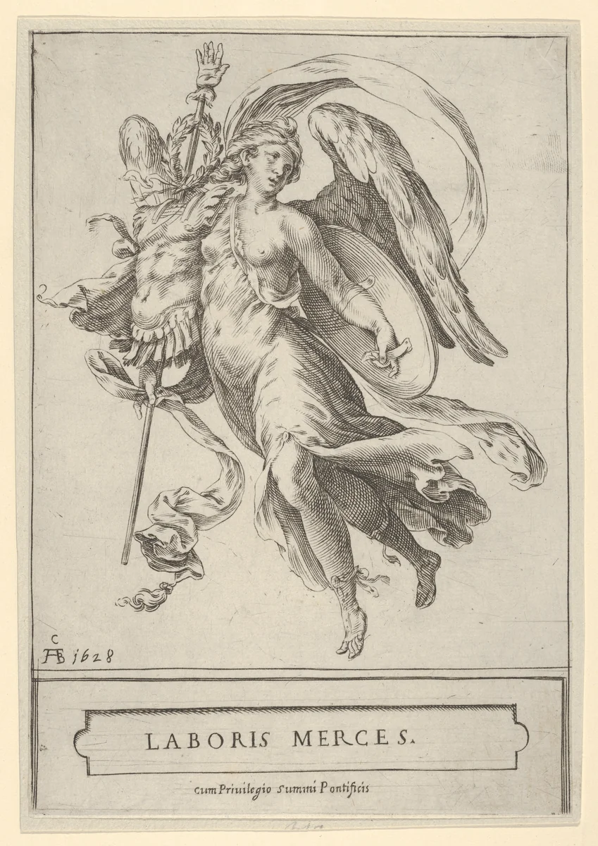 Winged Victory holding a trophy of arms in her right hand and a shield in her left by Cherubino Alberti, print, 1600-1799
