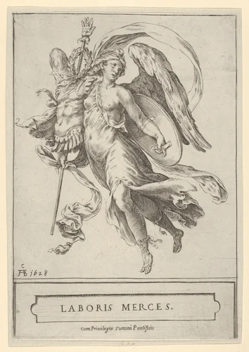 Winged Victory holding a trophy of arms in her right hand and a shield in her left by Cherubino Alberti, print, 1600-1799