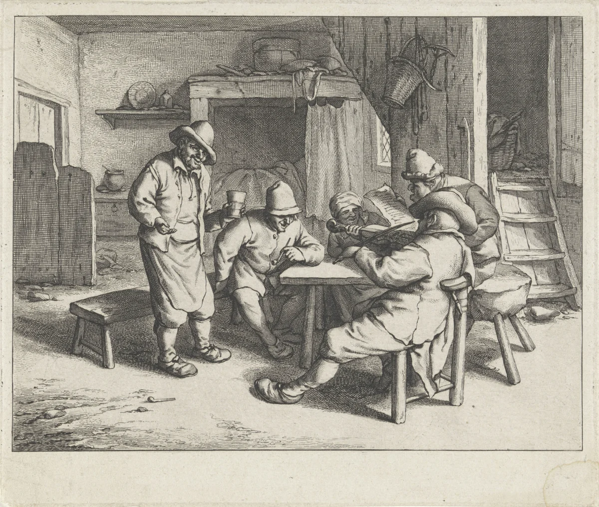 Musicerende figuren rond een tafel by Jan de Visscher, print, 1643-1692