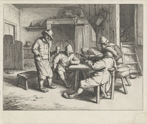 Musicerende figuren rond een tafel by Jan de Visscher, print, 1643-1692