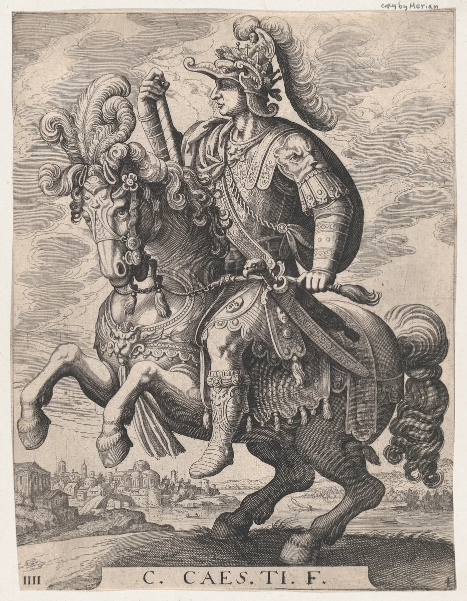 Plate 4: Emperor Gaius on Horseback, from 'The First Twelve Roman Caesars', after Tempesta by Matthäus Merian, print, 1610-1650
