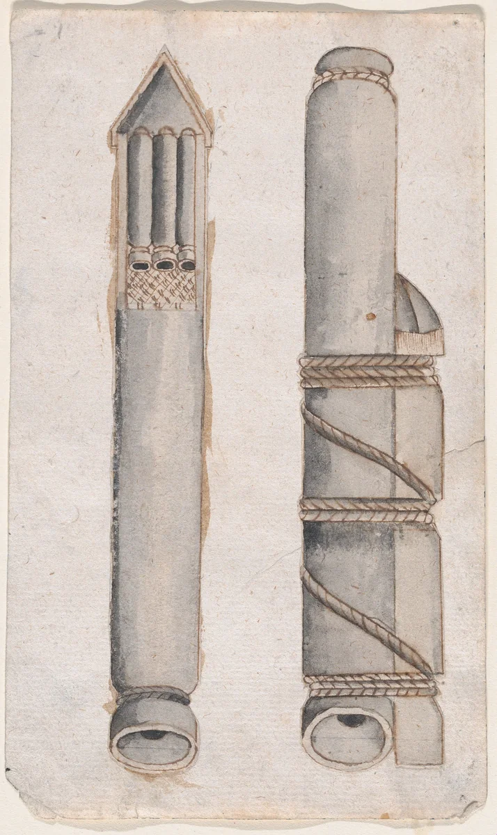 Design of fireworks: two views of a rocket by anonymous, drawing, 1650-1750