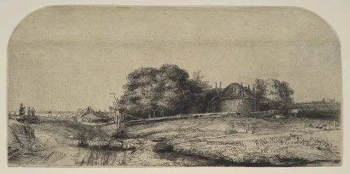 Landscape with a Haybarn and a Flock of Sheep by Rembrandt van Rijn, print, 1652