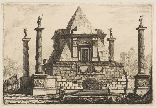 View of a Funerary Monument and Crypt by Pierre Moreau, print, 1755-1765