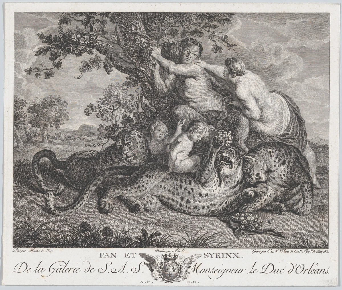 Pan picking grapes while Syrinx grabs his shoulder, with three leopards and two putti below them by Charles Nicolas Varin, print, 1787