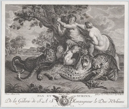 Pan picking grapes while Syrinx grabs his shoulder, with three leopards and two putti below them by Charles Nicolas Varin, print, 1787